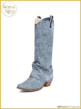 Women's Rhinestone Fold-Over Denim Cowboy Knee High Boots Glitter Cowgirl